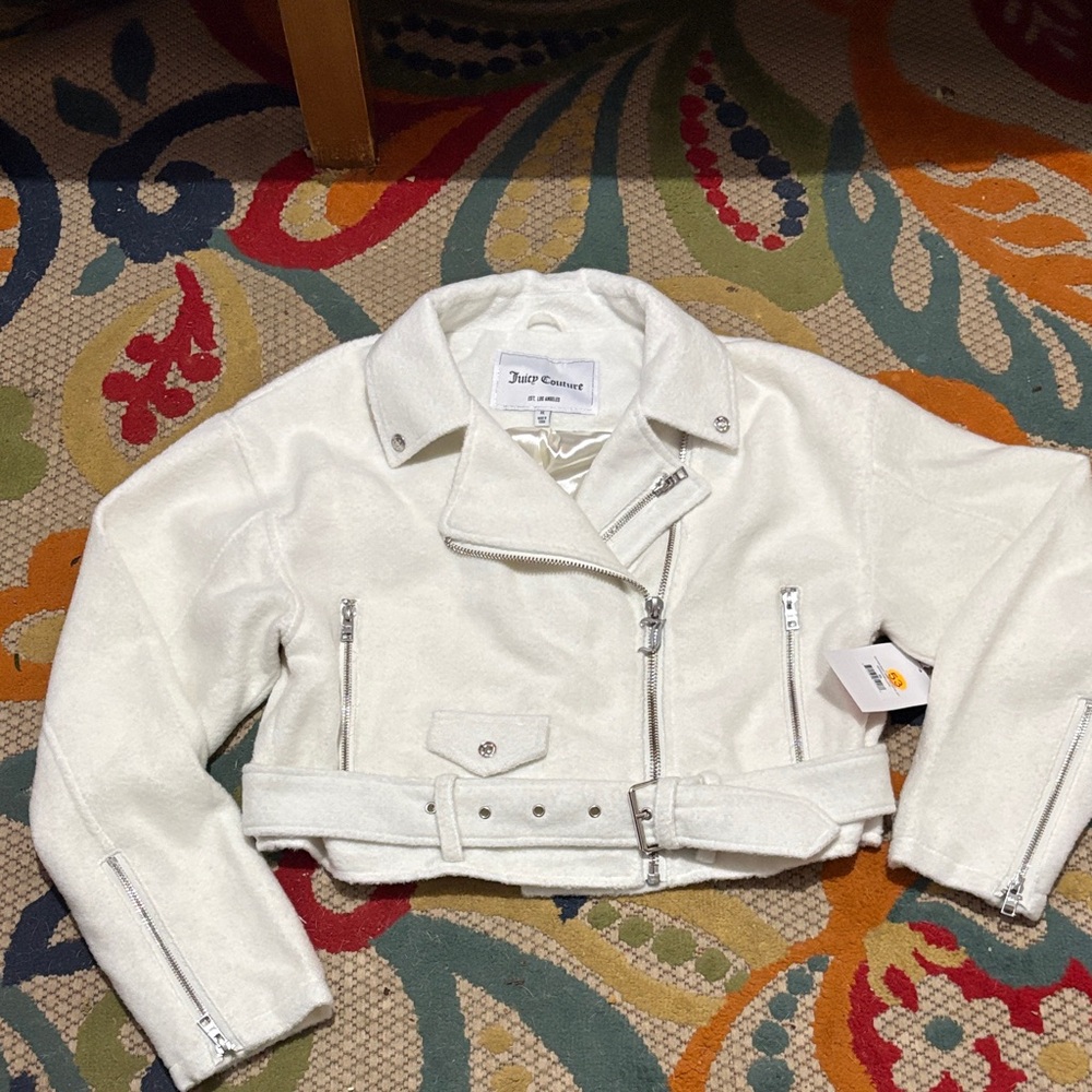 Juicy Couture Cream Cropped fleece moto Jacket
